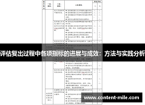 评估复出过程中各项指标的进展与成效：方法与实践分析