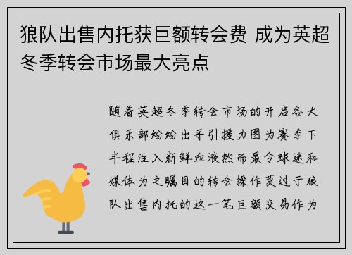 狼队出售内托获巨额转会费 成为英超冬季转会市场最大亮点 狼队出售内托获巨额转会费 成为英超冬季转会市场最大亮点